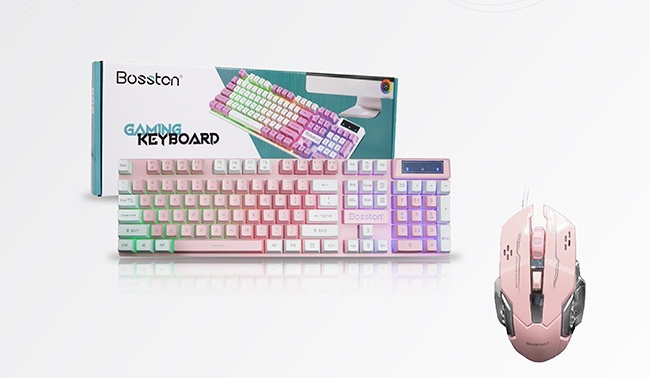 Combo Bàn Phím Giả Cơ Bosston 803 + Mouse Gaming BS12 Ledlight Trắng - Hồng